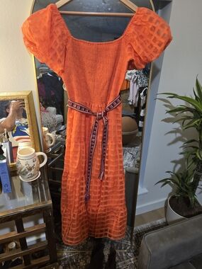 PRETTYGARDEN Orange Smocked Puff Sleeve Midi Dress XL NWT